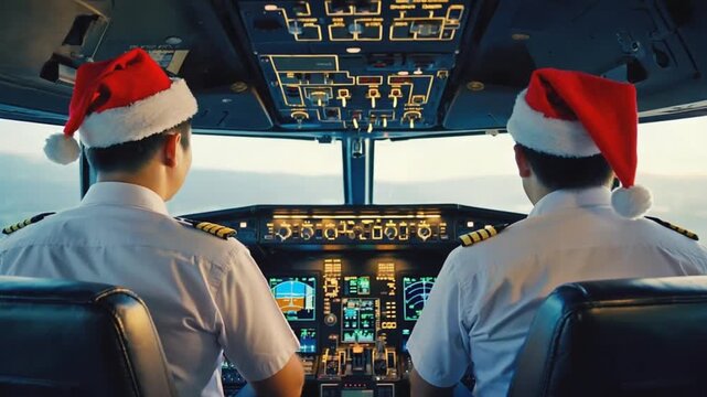 Airplane pilots wearing Christmas hats.	
