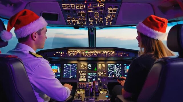 Airplane pilots wearing Christmas hats.	

