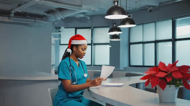 Happy nurse wearing a Christmas hat.	
