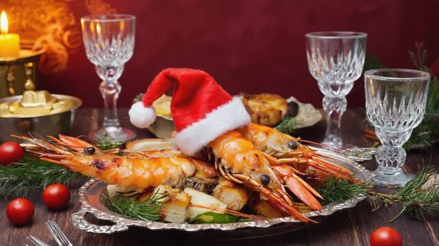 Prawns with a Christmas hat.	
