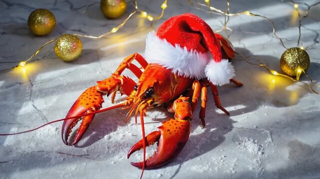 Lobster wearing a Christmas hat.	
