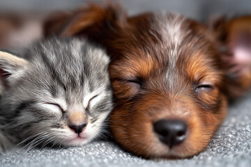 The kitten is sleeping gently rubbing the puppy's. An adorable little puppy nuzzling its head against a sleeping kitten's cheek, cuddly animals, kittens.