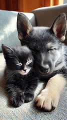 The kitten is sleeping gently rubbing the puppy's. An adorable little puppy nuzzling its head against a sleeping kitten's cheek, cuddly animals, kittens.