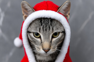 Funny Cat Dressed as Santa on grey Background. Perfect for Festive Advertising Concept.