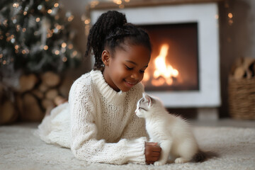 Cute little black girl hugging her cat in Christmas. Little girl in a white knitted sweater. Holiday concept. Postcard. New Year.