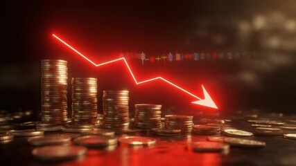 Stacks of coins with a red downward trending graph and stock market candlesticks money finance - Powered by Adobe