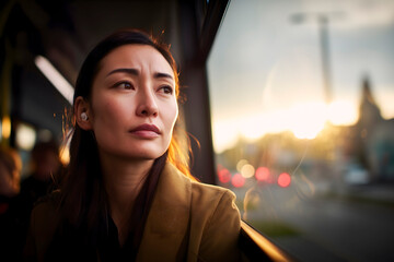 Young woman with an earbud in her ear looking out of the bus window at the urban landscape during sunset