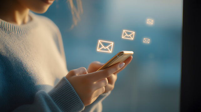 Woman hands holding a smartphone, typing and sending email messages. Communication and digital technology concept