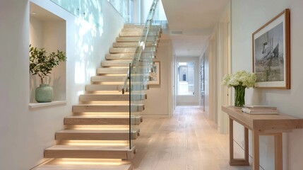Bright and modern home interior featuring a floating staircase with glass railing and natural light streaming through the windows