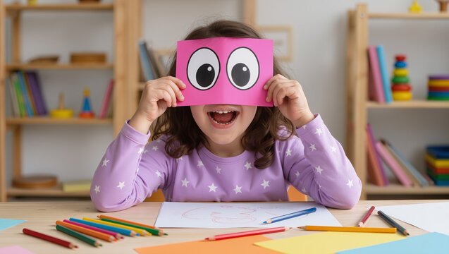A playful Middle Eastern girl holding a pink cartoon-eye card over her face, expressing excitement and creativity in a bright classroom setting, perfect for education and childhood themes.