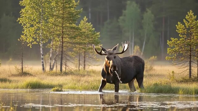 Majestic moose crossing tranquil forest lake at sunrise