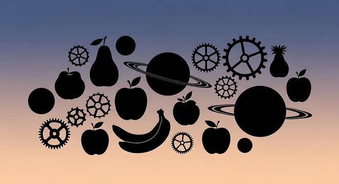 Silhouette of fruits and gears on a gradient background.