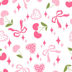 Valentine day valentine seamless pattern with cherry heart flower and bow design for fabric, cotton, wallpaper, satin all types of print textile and background