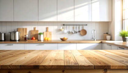 Blurred, sunlit kitchen interior with a wooden countertop in focus. White cabinets and appliances in the background