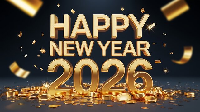 Golden Happy New Year 2026 Celebration with Coins and Confetti