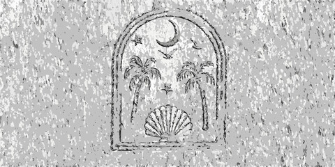 Monochromatic sketch of a decorative archway featuring a crescent moon star palm trees birds and a seashell on a textured background