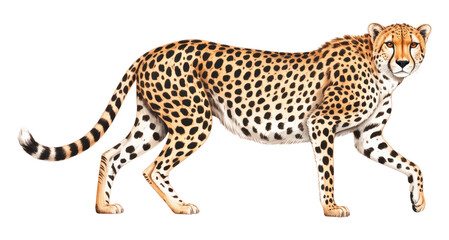 Fototapeta premium Detailed Realistic Illustration of a Majestic Spotted Cheetah Walking in Side Profile View, Isolated on Transparent and White Background