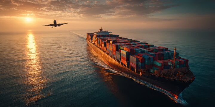 Cargo ship sailing on sea with airplane flying above at sunset, symbolizing global trade, transportation and logistics - Powered by Adobe