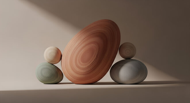 Abstract wooden sculptures arranged against a soft gradient background  