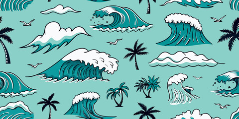 Seamless pattern of stylized ocean waves palm trees and seagulls on a teal background