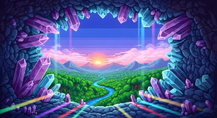 pixel art game level background, 8 bit, landscape, arcade video game, pixel style. A pixel art landscape view through a cave opening with crystals, showing a river, forest, mountains, and a sunset.