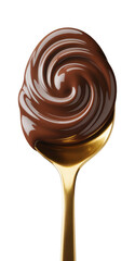 Obraz premium Appetizing Creamy Swirled Dark Chocolate Hazelnut Spread on Shiny Golden Spoon, Isolated on Transparent and White Background