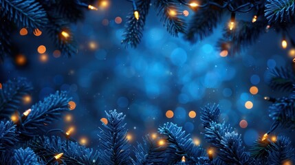christmas dark blue fir tree background with glowing bokeh lights in night and central empty copy space for xmas greeting wishes