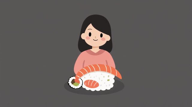 Cute Girl Enjoying Sushi - A Delightful Animated Scene.