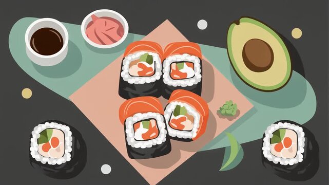 Delicious Sushi Roll Illustration with Avocado and Condiments.