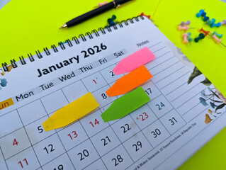 2026 january month planning events schedule meeting reminder appointment blank empty sticky notes paper on calendar