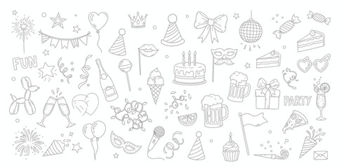 Whimsical hand drawn doodle collection of celebratory objects and sweet treats