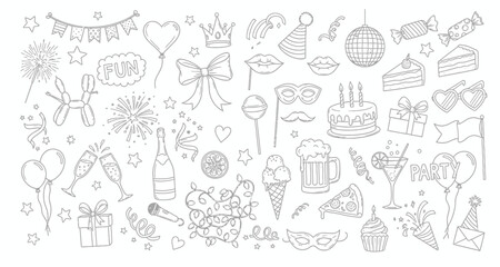 Whimsical hand drawn doodle collection of party elements and celebratory icons