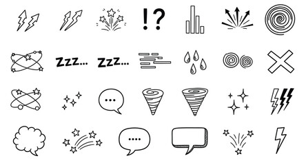 Collection of hand drawn doodle icons representing various concepts and emotions in black and white