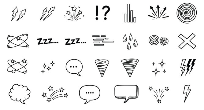 Collection of hand drawn doodle icons representing various concepts and emotions in black and white