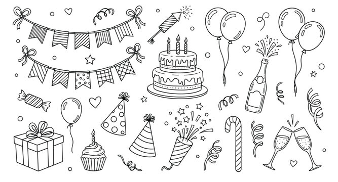Whimsical hand drawn birthday celebration elements including cake balloons gifts and party decorations