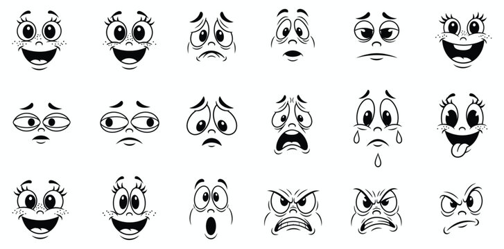 Collection of hand drawn cartoon faces expressing a wide range of emotions and expressions