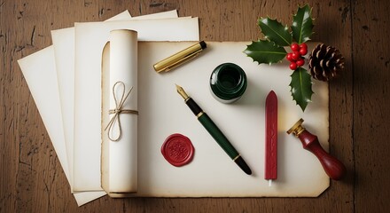 Warm Christmas greetings crafted with vintage quill, ink, and sealing wax on a rustic wooden surface.