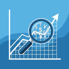 Magnifying glass reveals rising financial graph against blue backdrop, symbolizing market analysis and investment growth with a positive outlook.