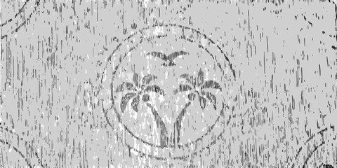 Abstract grayscale textured background with a circular emblem featuring palm trees and birds