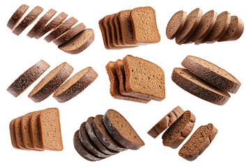 Set of Sliced loaf of Multigrain bread topped with oats and almonds, isolated on white transparent background