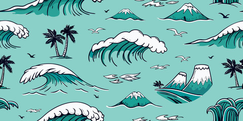 Obraz premium Stylized tropical island landscape with crashing waves palm trees and snow capped mountains