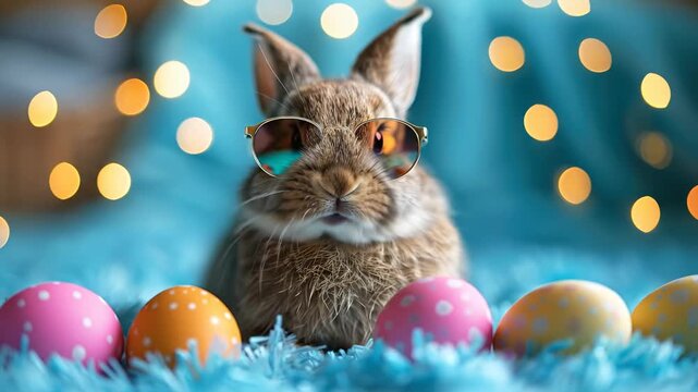 Cute bunny rabbit wearing sunglasses, sitting amongst colorful decorated eggs on soft blue fur, with warm bokeh lights in background, festive Easter celebration concept.