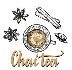 Karak Chai - traditional drink tea with milk and spices. Masala chai, Indian drink, Black tea with milk and spices. Served in kulhad in India. Sketch