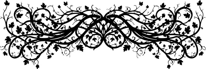Elegant black vine flourish with leaves creates a sophisticated decorative border for timeless design projects