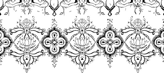 Intricate black and white ornamental border design featuring floral motifs and elegant symmetrical patterns, perfect for decorative applications. © Vectors Studio