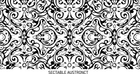 Intricate black and white baroque damask pattern evokes timeless elegance and luxurious sophistication for opulent designs.