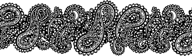 Exquisite black paisley lace border design offers elegant decorative detail for fashion and textile applications