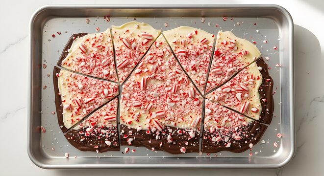 Festive chocolate bark with crushed candy canes sliced on a baking sheet, a sweet holiday treat.