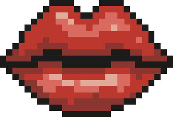 A bold pixel-art illustration of red lips, designed in a retro 8-bit style. The blocky pixels and vibrant color create a playful, nostalgic look inspired by classic video games and pop art aesthetics.