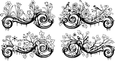 Elegant vintage floral scrollwork flourishes with delicate birds and blooming botanicals, perfect for decorative design elements and artistic accents.